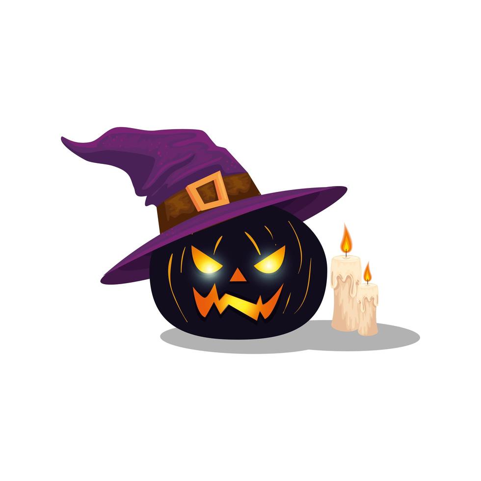 abóbora de halloween com chapéu de bruxa e velas vetor