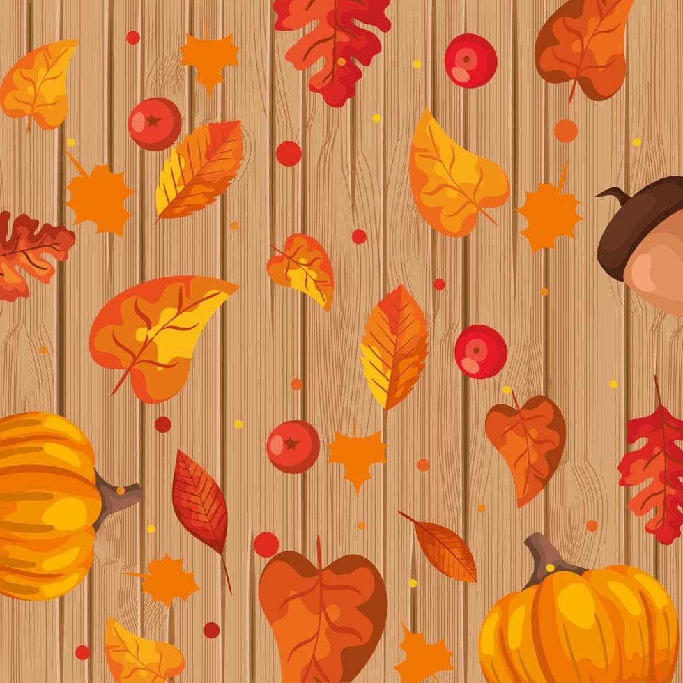 fundo de madeira com folhas e frutas de outono vetor