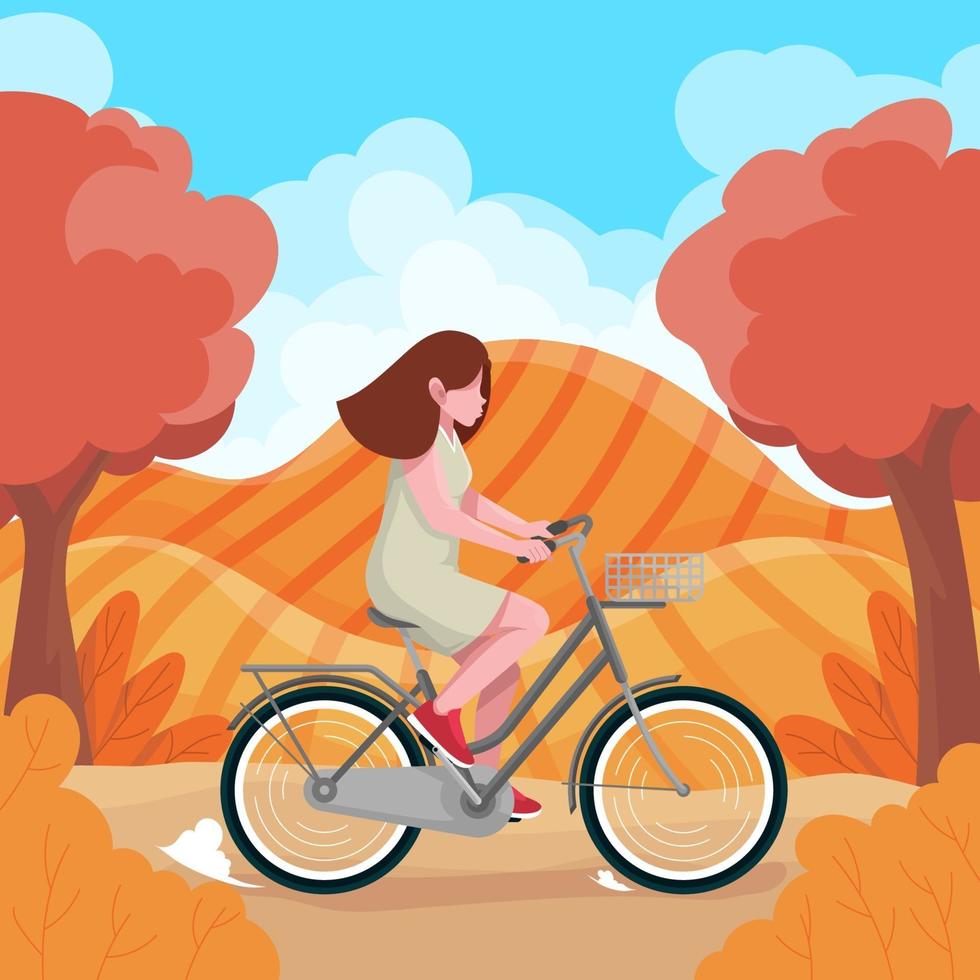 mulher andando de bicicleta contra a colina como pano de fundo vetor