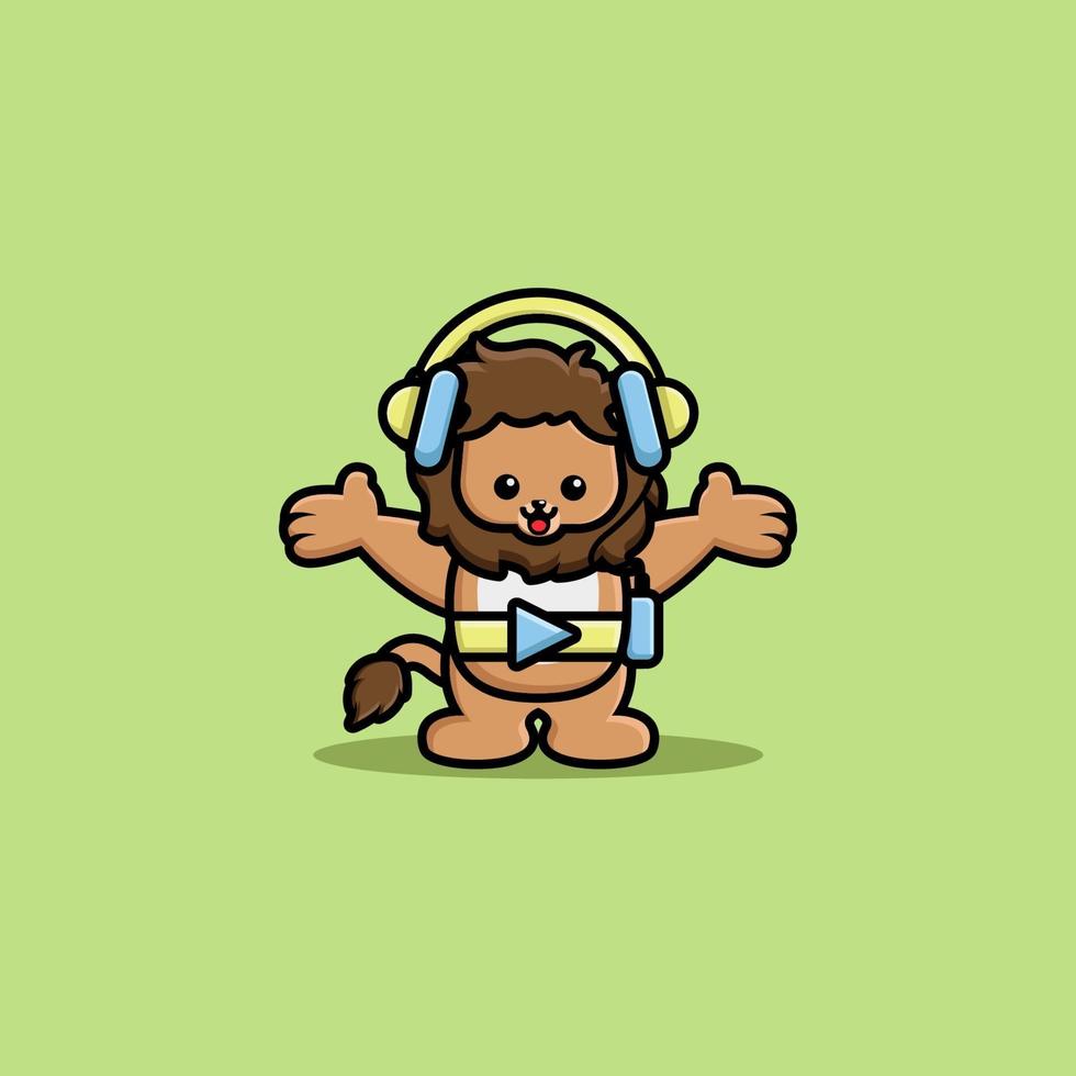 Leão fofo ouvindo música com personagem de desenho animado com fone de ouvido vetor