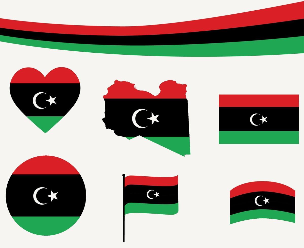 Ilustração em vetor ícones de coração e fita de mapa de bandeira da Líbia.