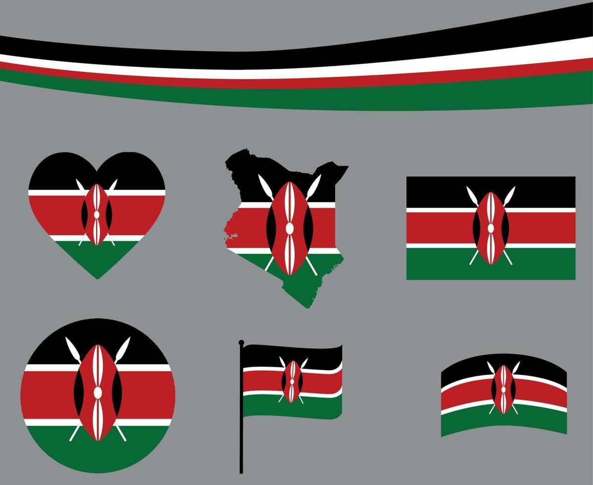 Ilustração em vetor ícones de coração e fita do mapa da bandeira do Quênia.