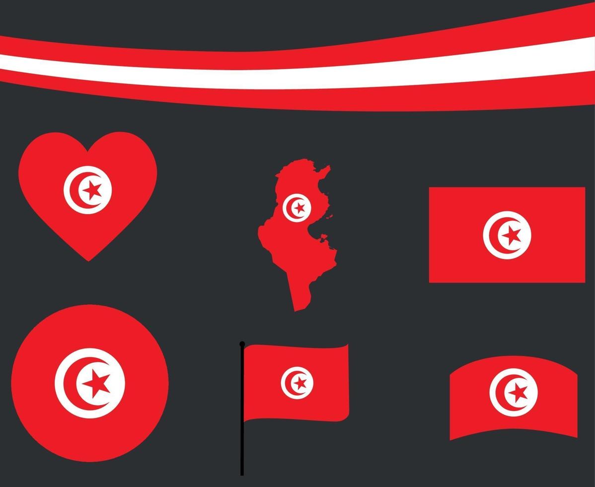 bandeira da tunísia mapa fita e ícones de coração ilustração vetorial resumo vetor