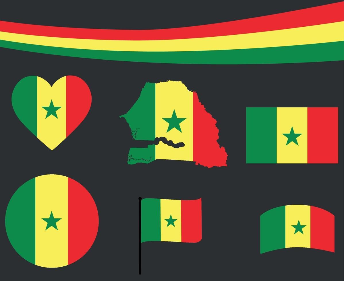 bandeira do senegal mapa fita e ícones de coração ilustração vetorial resumo vetor