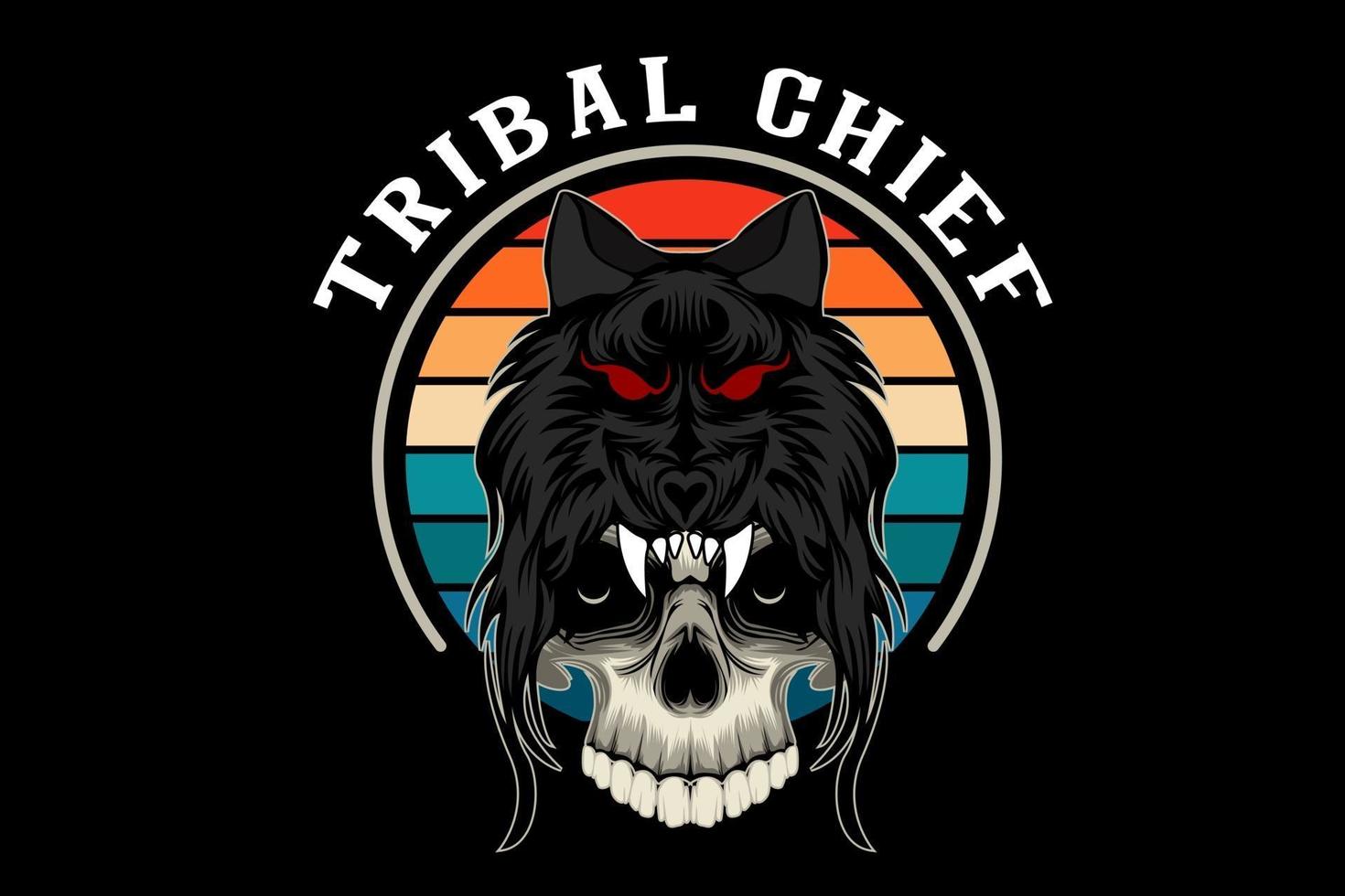 desenho de ilustração de chefe tribal crânio com lobo vetor