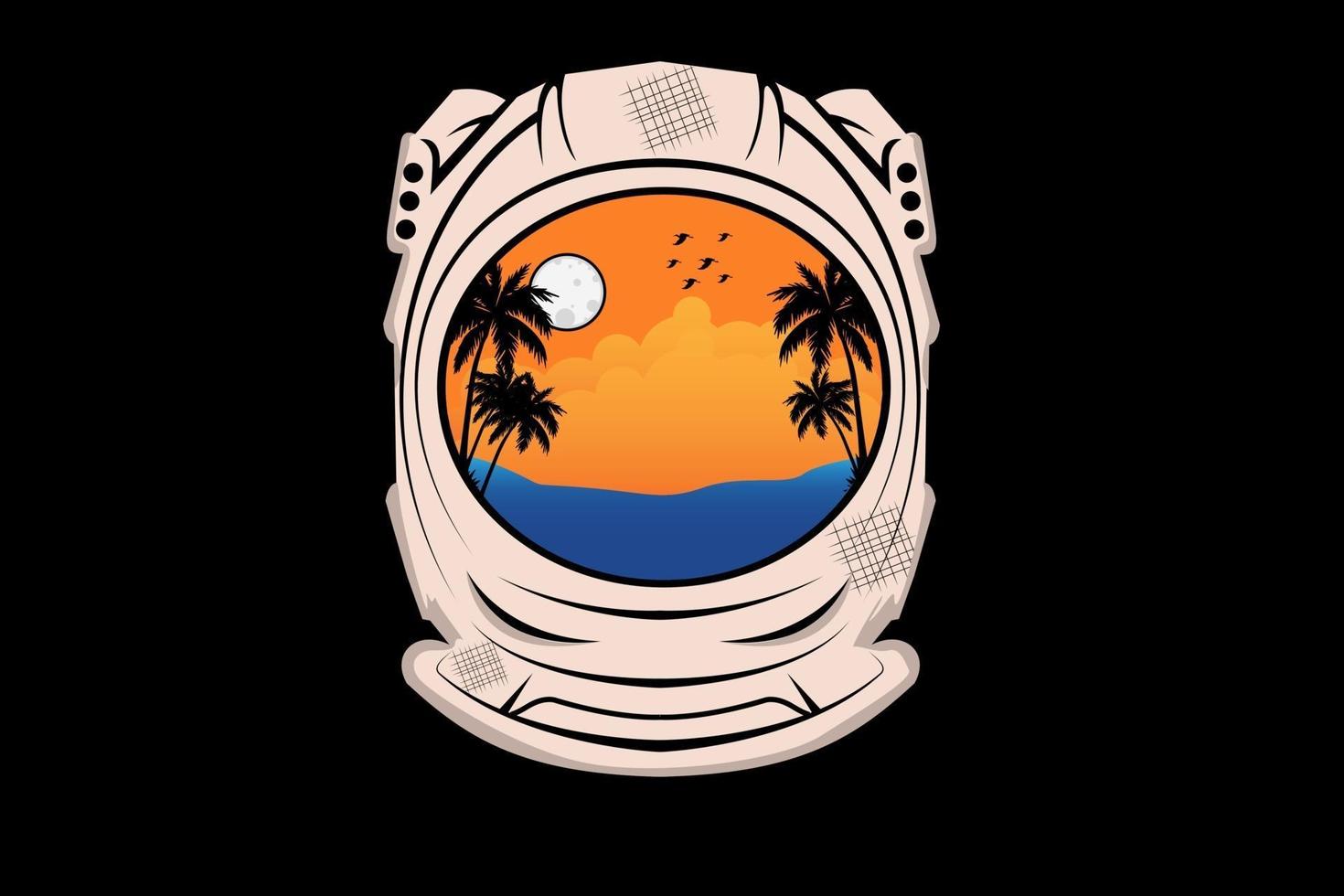ilustração de praia tropical desenho de silhueta com leme de astronautas vetor