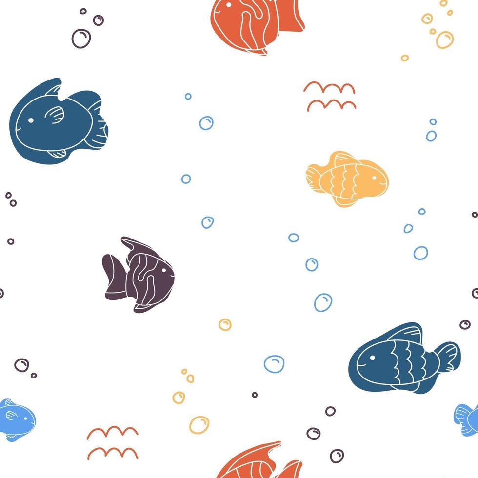 peixe fofo mar padrão linha branca doodle fundo sem emenda oceano vetor