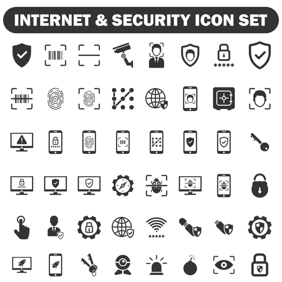 conjunto de ícones de segurança e internet - série preta vetor
