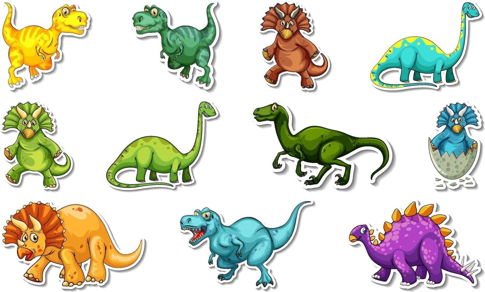 Conjunto de adesivos com diferentes tipos de personagens de desenhos animados de dinossauros vetor