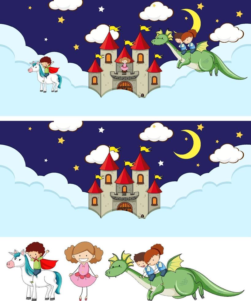 céu de fada com personagem de desenho animado doodle de crianças vetor