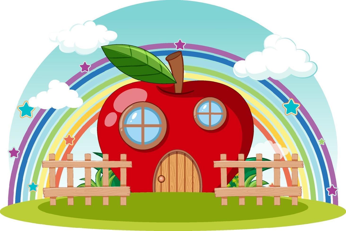 casa de maçã vermelha com arco-íris no céu vetor
