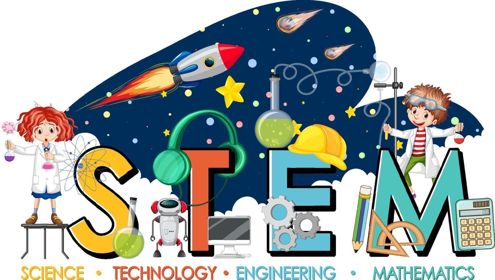 logotipo da haste de educação com o tema "Crianças cientistas na galáxia" vetor