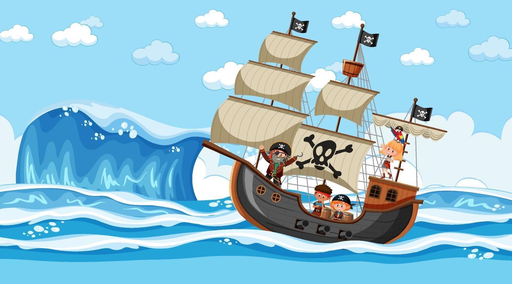 praia com navio pirata em cena diurna em estilo cartoon vetor