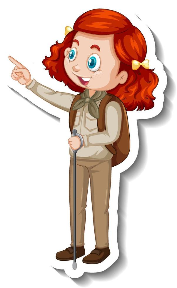 adesivo de garota em traje de safari personagem de desenho animado vetor