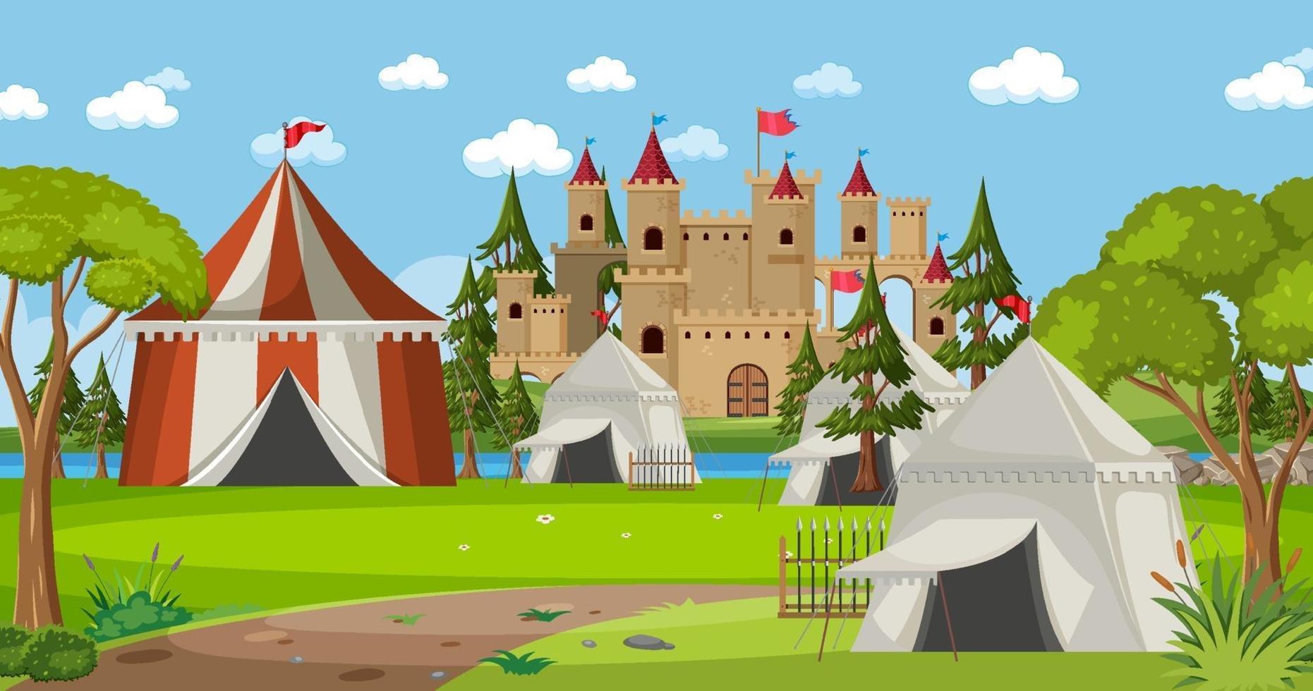 acampamento militar medieval com tendas e castelo vetor