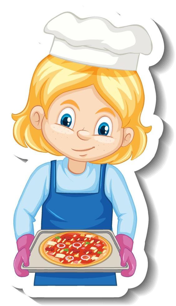 Chef garota segurando bandeja assada em adesivo de personagem de desenho animado vetor