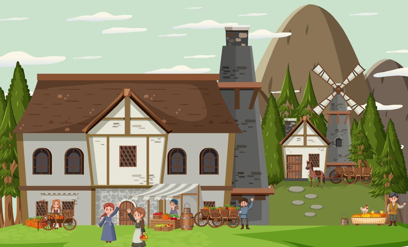 cena de vila medieval com aldeões vetor