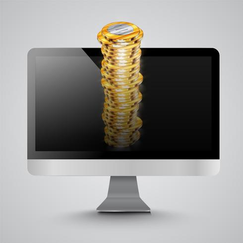Computador realista com moedas de dinheiro, ilustração vetorial vetor
