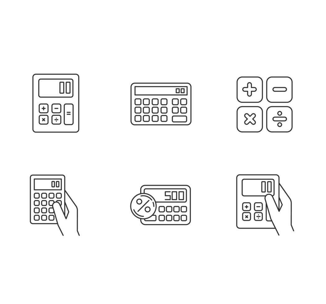 conjunto de ícones lineares perfeitos de pixel calculadoras de bolso vetor