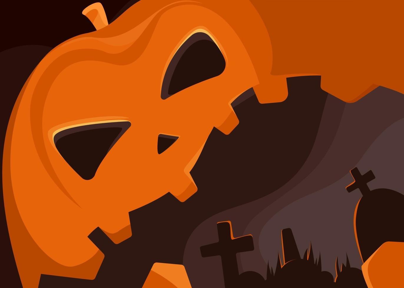 banner com cabeça de abóbora gigante e cemitério. desenho de cartaz de halloween. vetor