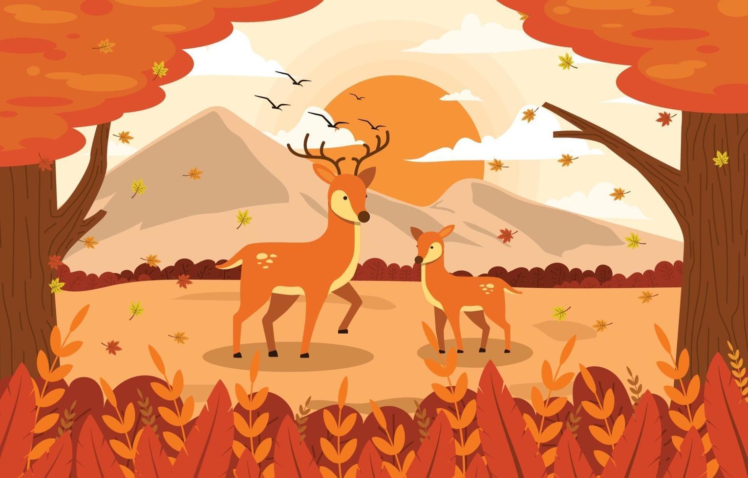 cervos e a montanha no meio do outono vetor
