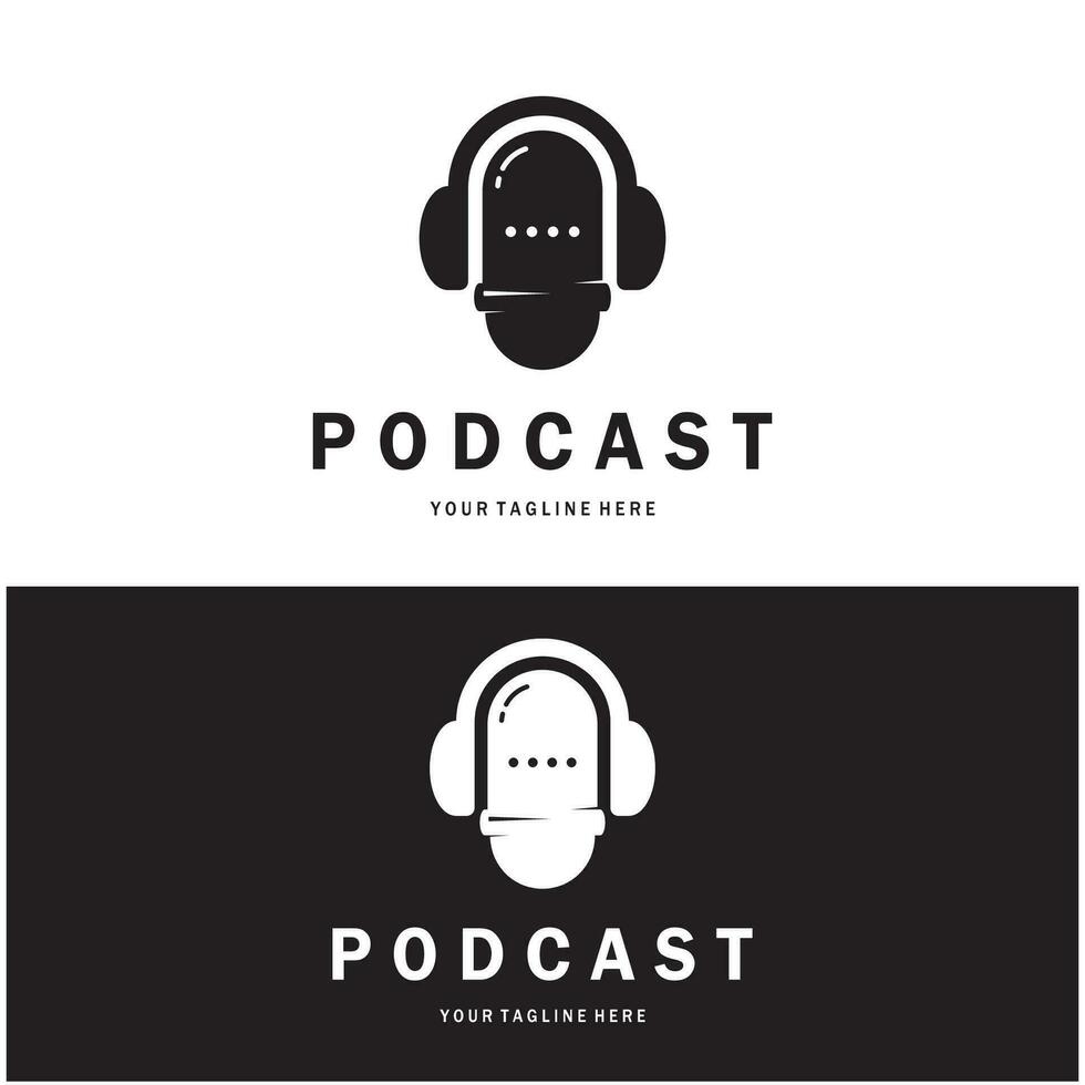 podcast logotipo com microfone e fone de ouvido áudio, rádio ondas. para estúdio, conversa mostrar, bater papo, em formação compartilhamento, entrevista, multimídia e rede. vetor