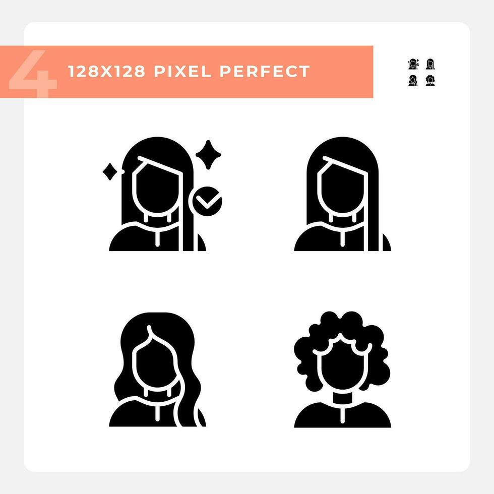 pixel perfeito glifo estilo ícones conjunto representando cuidado capilar, simples Preto silhueta ilustração. vetor