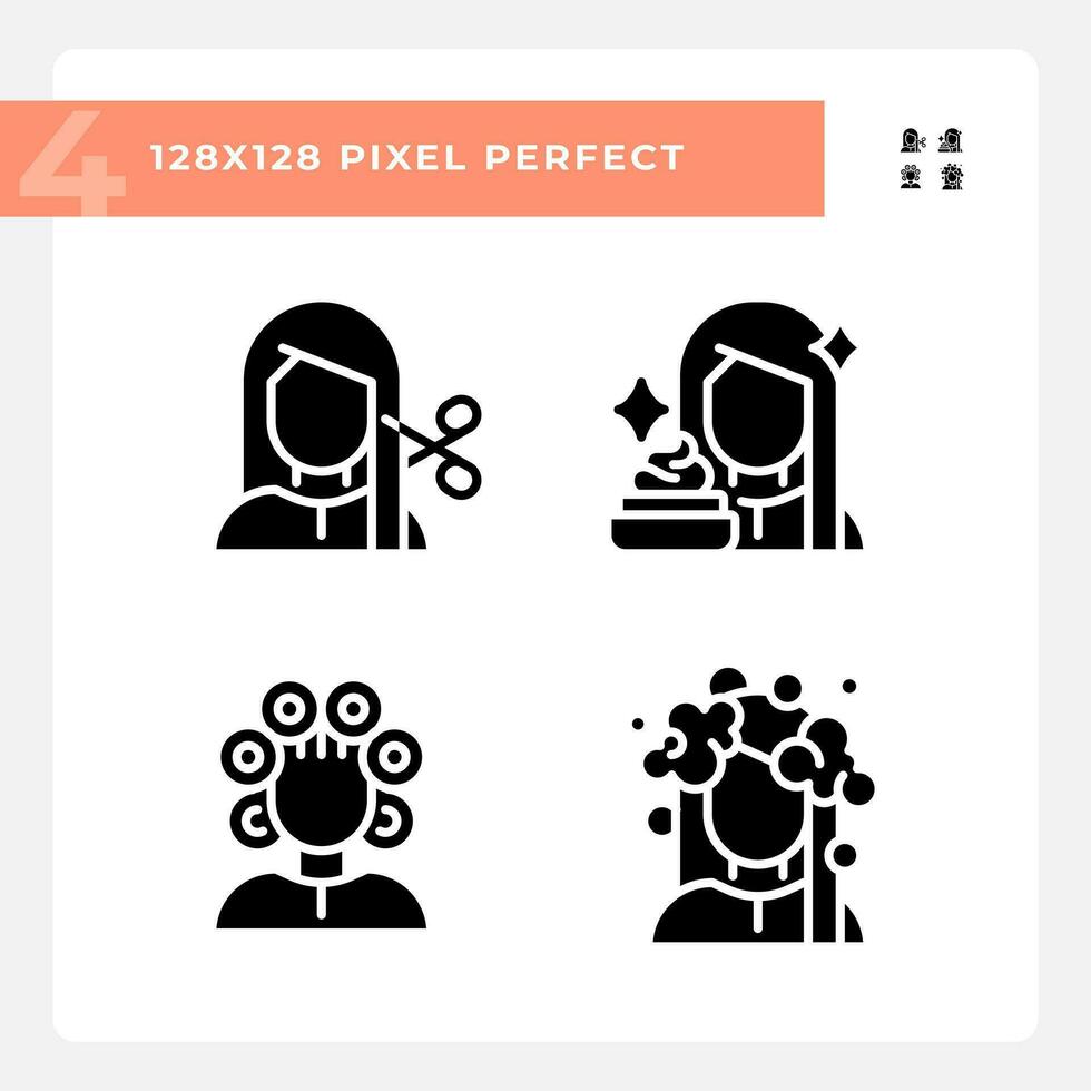 coleção do pixel perfeito glifo estilo ícones conjunto representando cuidado capilar, simples Preto silhueta ilustração. vetor