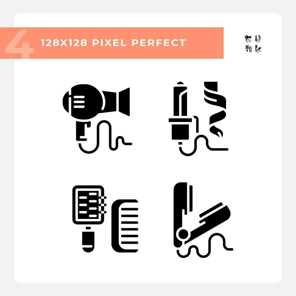 pixel perfeito glifo estilo ícones pacote representando cuidado capilar, simples Preto silhueta ilustração. vetor
