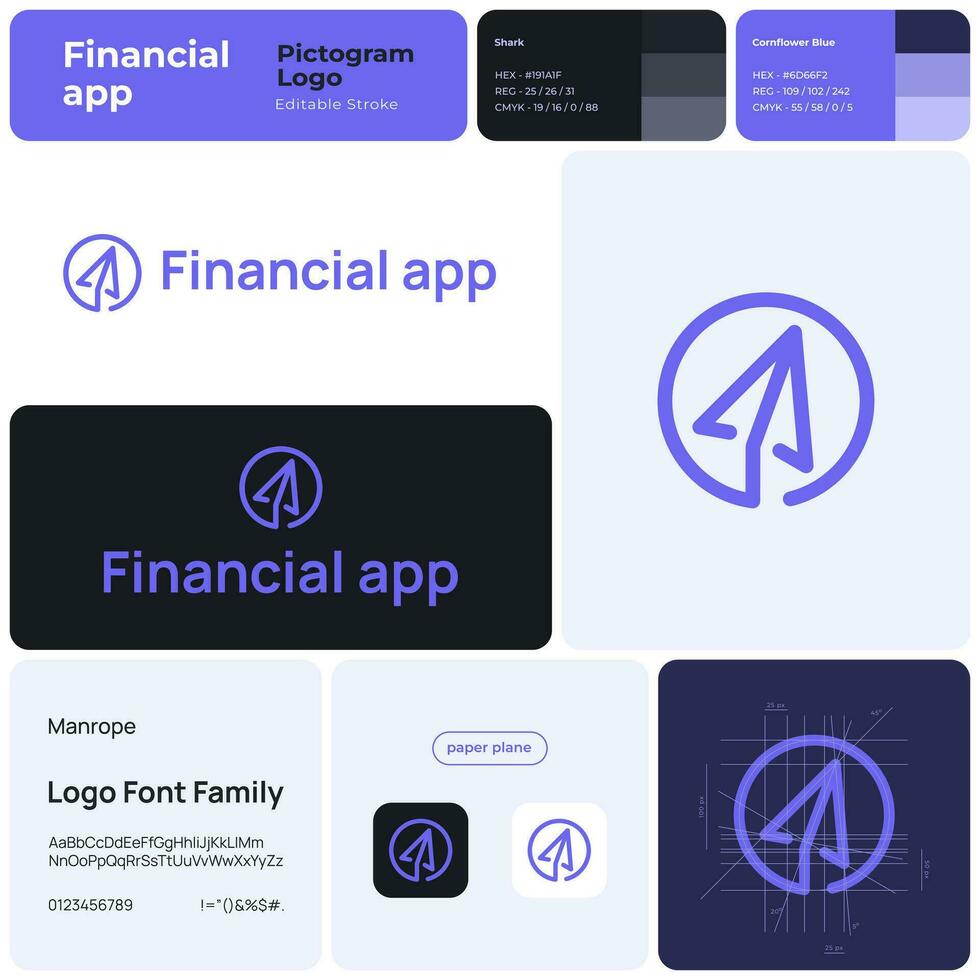 financeiro aplicativo azul linha o negócio logotipo com marca nome. papel avião ícone. criativo Projeto elemento e visual identidade. modelo com corda de homem Fonte. adequado para finança e investimento aplicativo. vetor