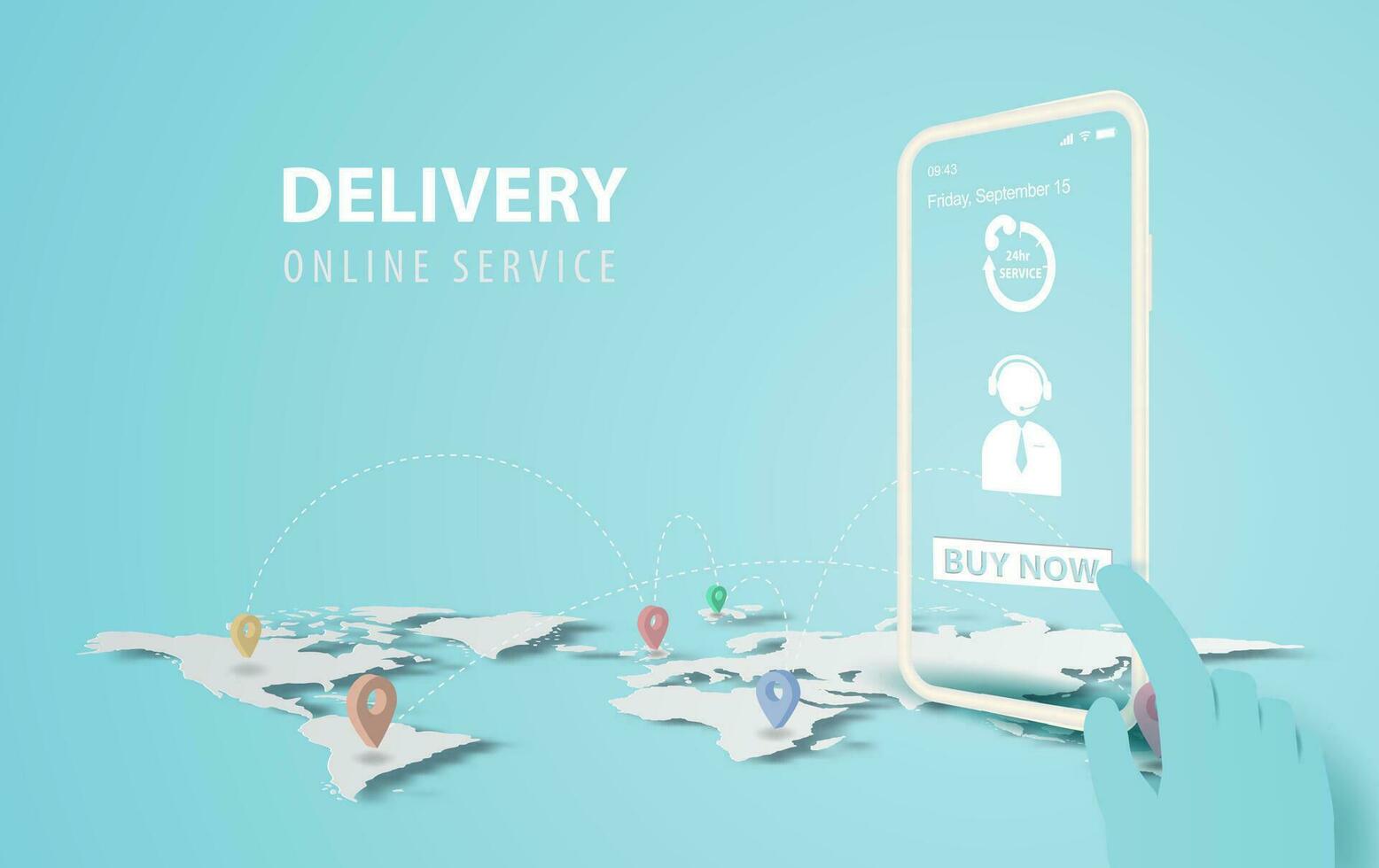 mão detém Smartphone com Comprar agora aplicação.delivery serviço conceito.criativo mapa mundo localização rede papel cortar e artesanato.app tela conectados transporte plano de fundo.mobile navio vetor ilustração