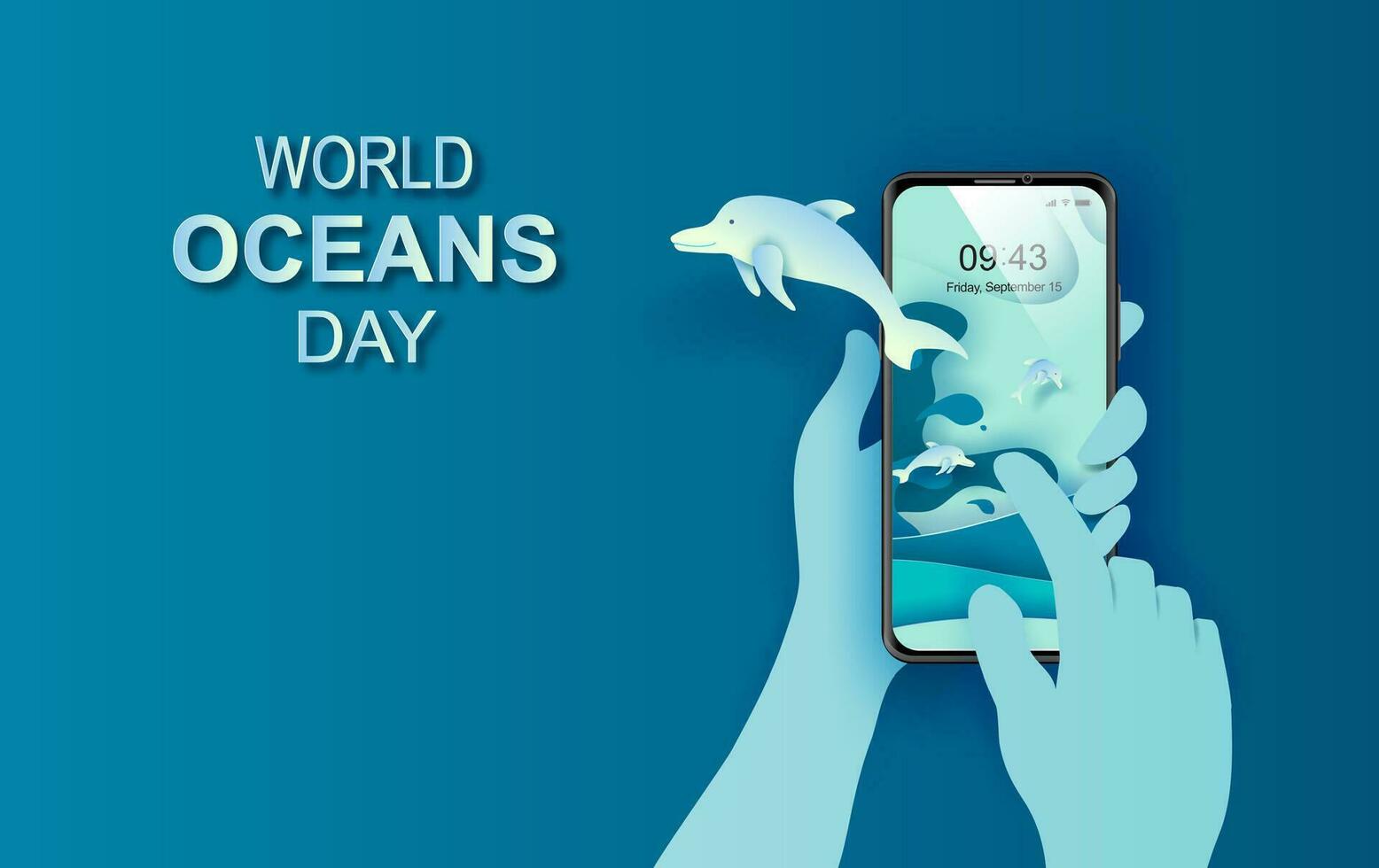 papel arte e cortar conceito do mundo oceanos dia. celebração dedicada para Socorro proteger mar e conservar água ecossistema. azul origami construir papel do mar ondas.golfinhos pulando em Móvel telefone com mão vetor
