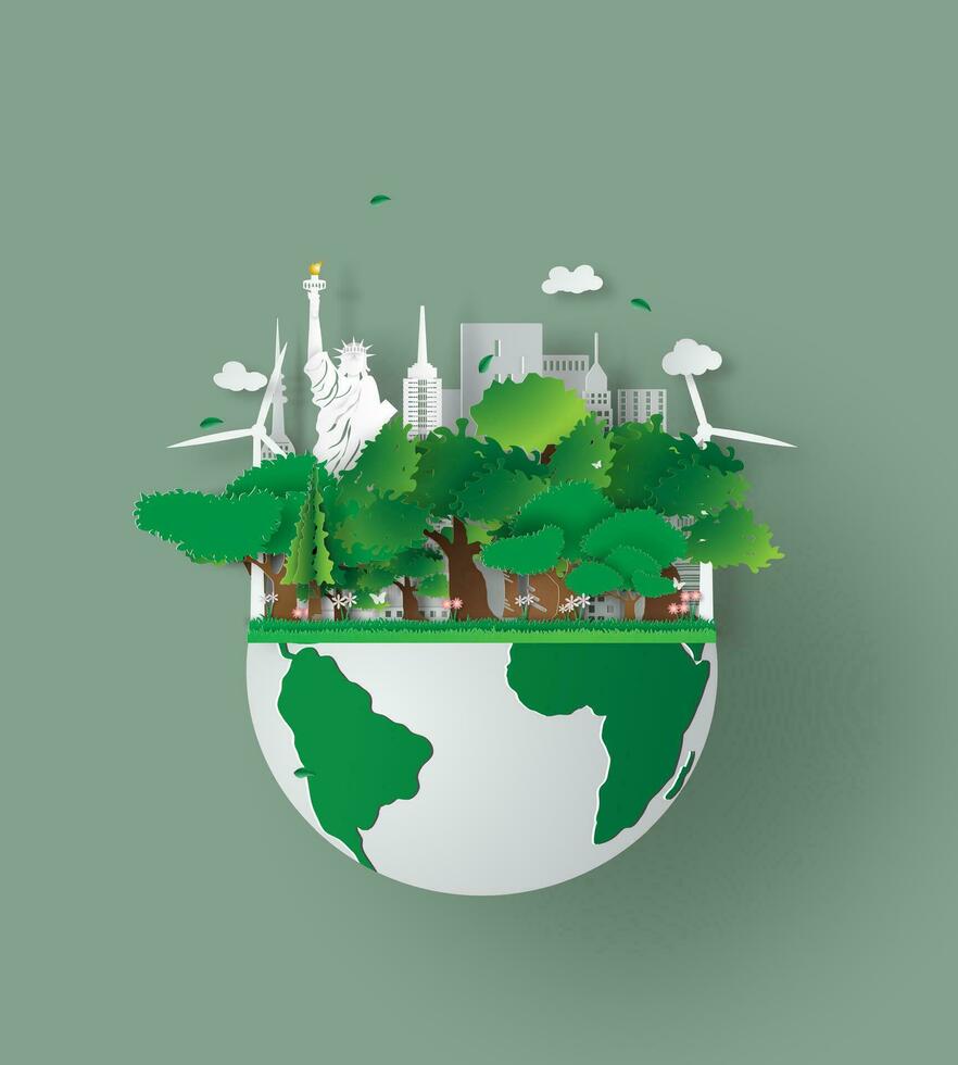 vetor terra dia. eco amigáveis conceito ideia. terra dia mundo meio Ambiente dia fundo. Salve  a planeta. feliz terra dia poster ou bandeira EUA cidade fundo. verde cidade em sustentável desenvolvimento.