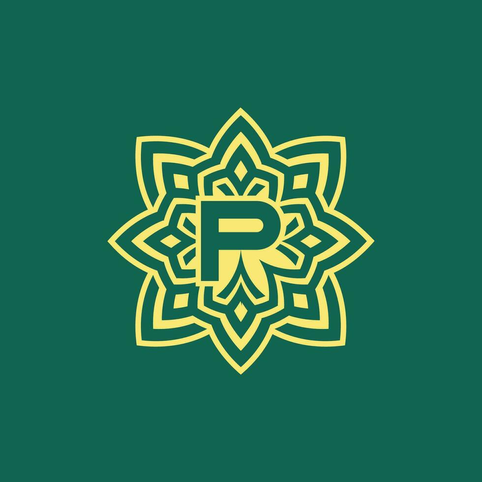 amarelo verde moderno e elegante inicial carta p simétrico floral estético logotipo vetor