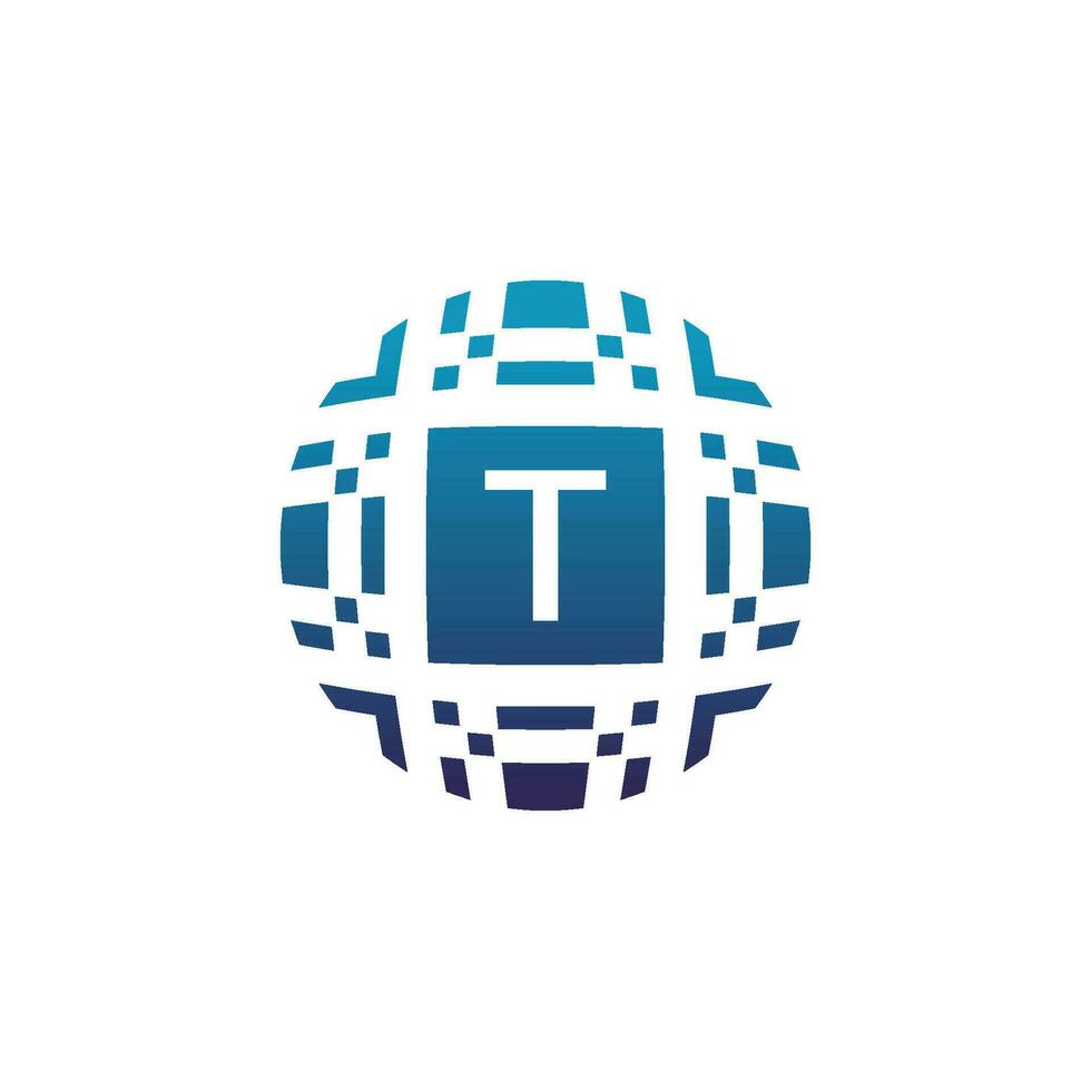 inicial carta t círculo digital tecnologia eletrônico pixel emblema logotipo vetor