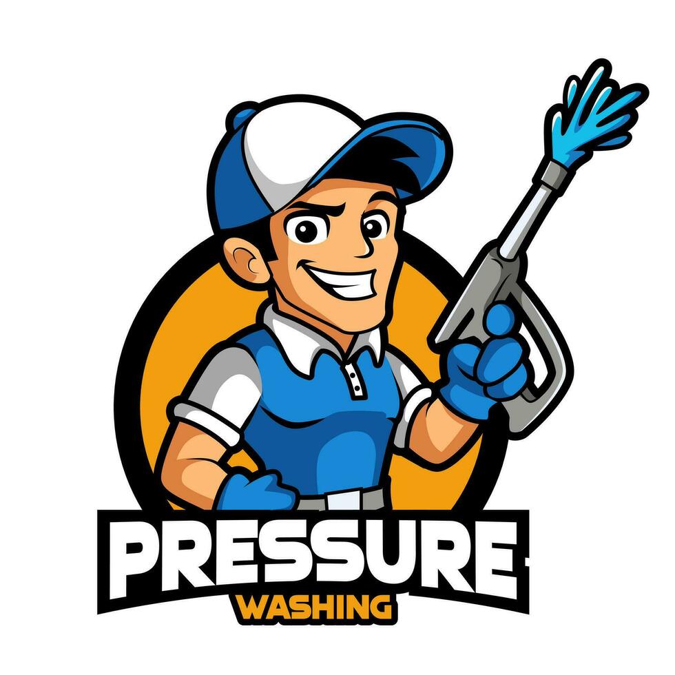 máquina de lavar pressão trabalhador mascote personagem vetor