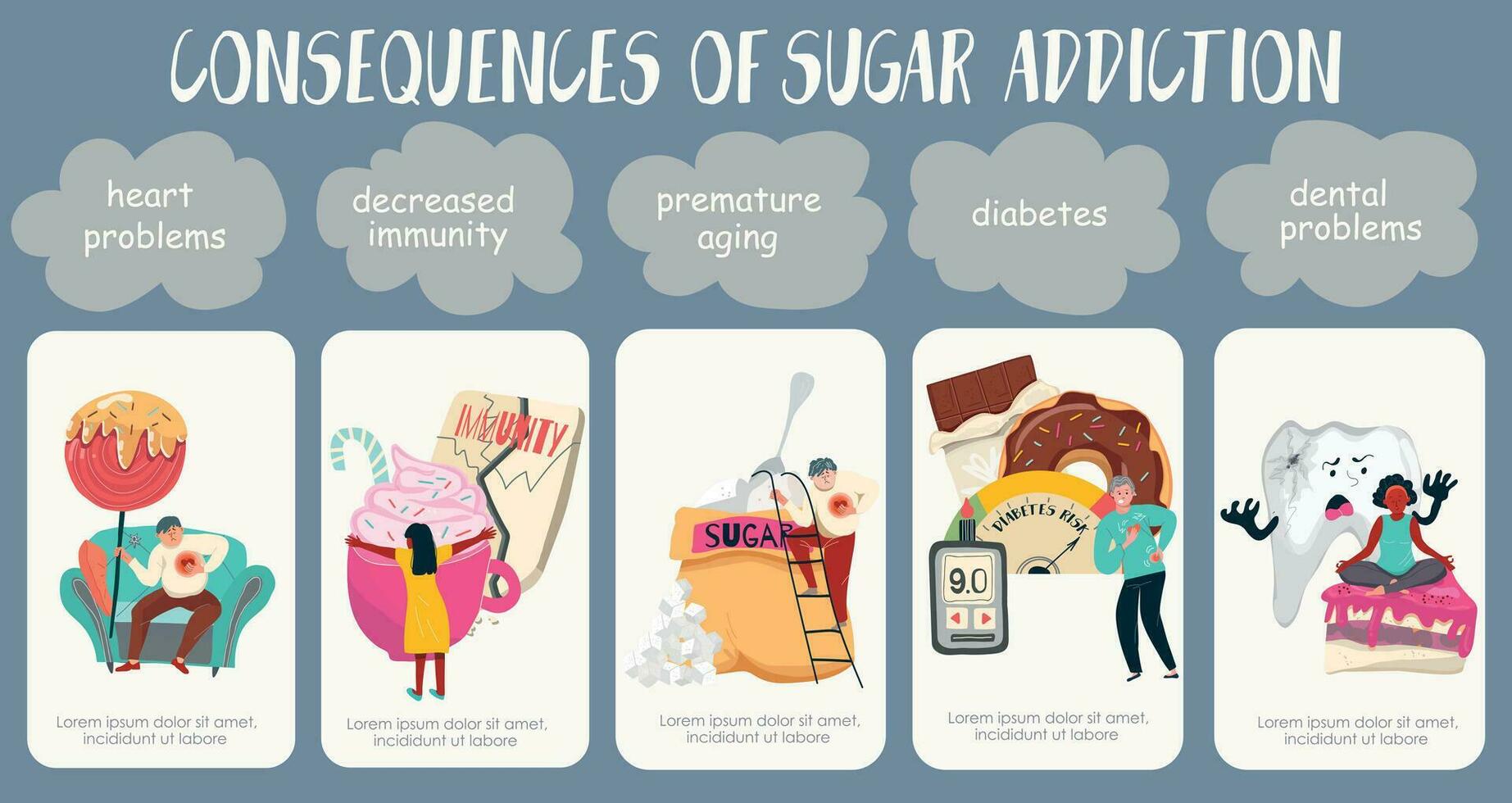 açúcar vício consequências infográficos vetor