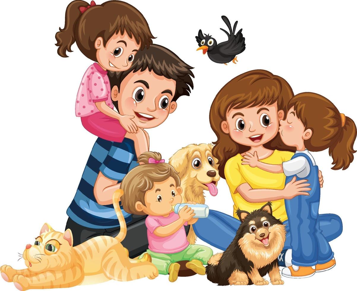 família feliz com seus animais de estimação em fundo branco vetor