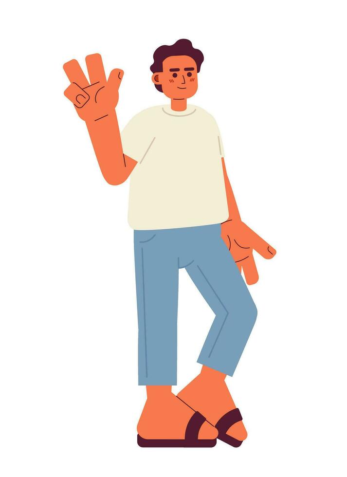 alegre muçulmano homem semi plano cor vetor personagem. Paz placa. mão gesto. editável cheio corpo pessoa em branco. simples desenho animado local ilustração para rede gráfico Projeto