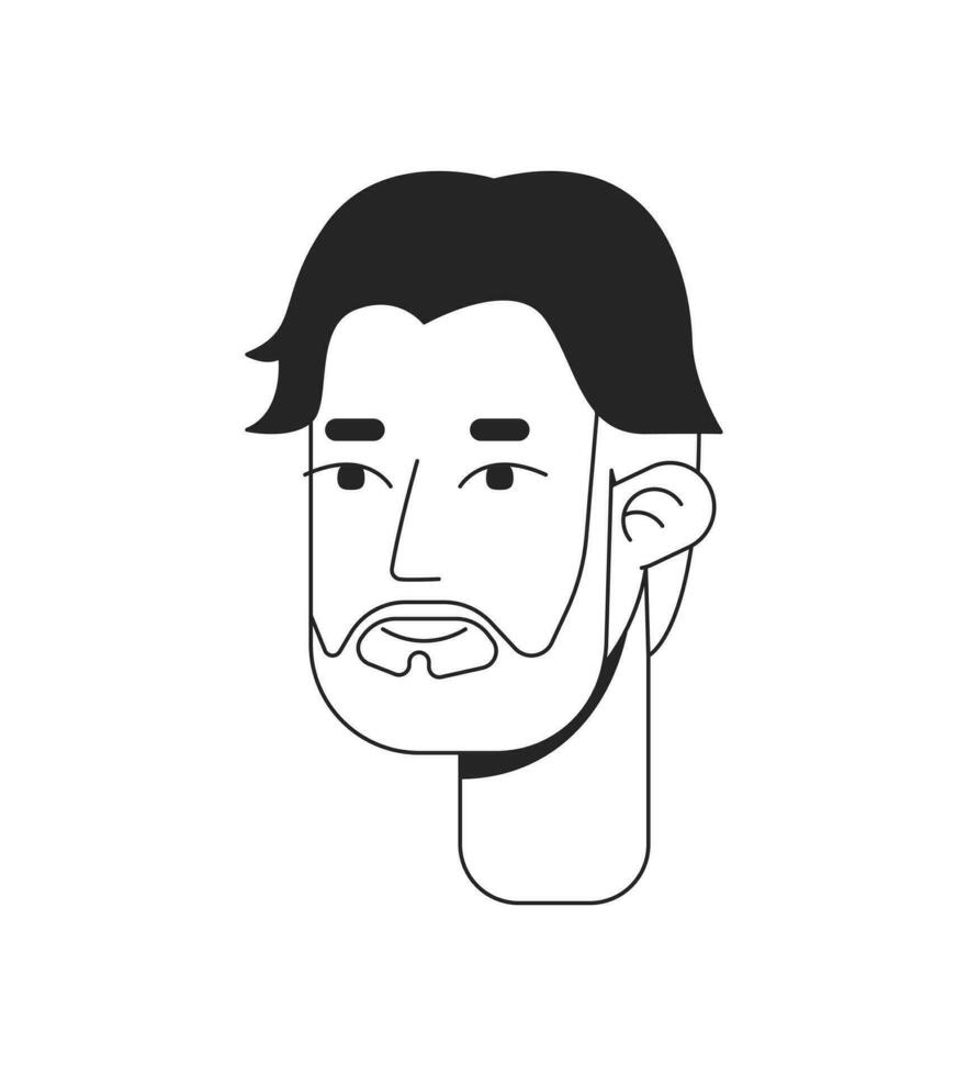 meio envelhecido masculino com hollywoodiano barba Preto e branco 2d linha desenho animado personagem cabeça. espanhol prata Raposa homem isolado vetor esboço pessoa face. mexicano cara monocromático plano local ilustração