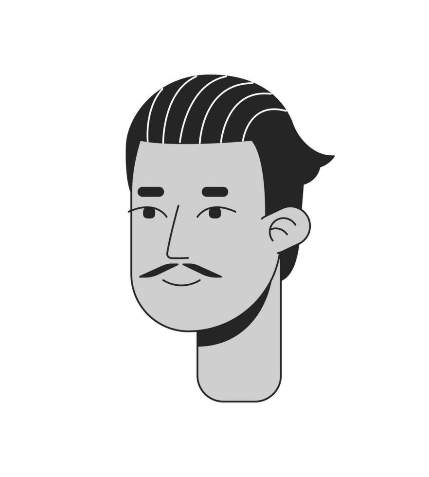 espanhol homem com lápis bigode Preto e branco 2d linha desenho animado personagem cabeça. inspirado retro liso cabelo masculino mexicano isolado vetor esboço pessoa face. monocromático plano local ilustração