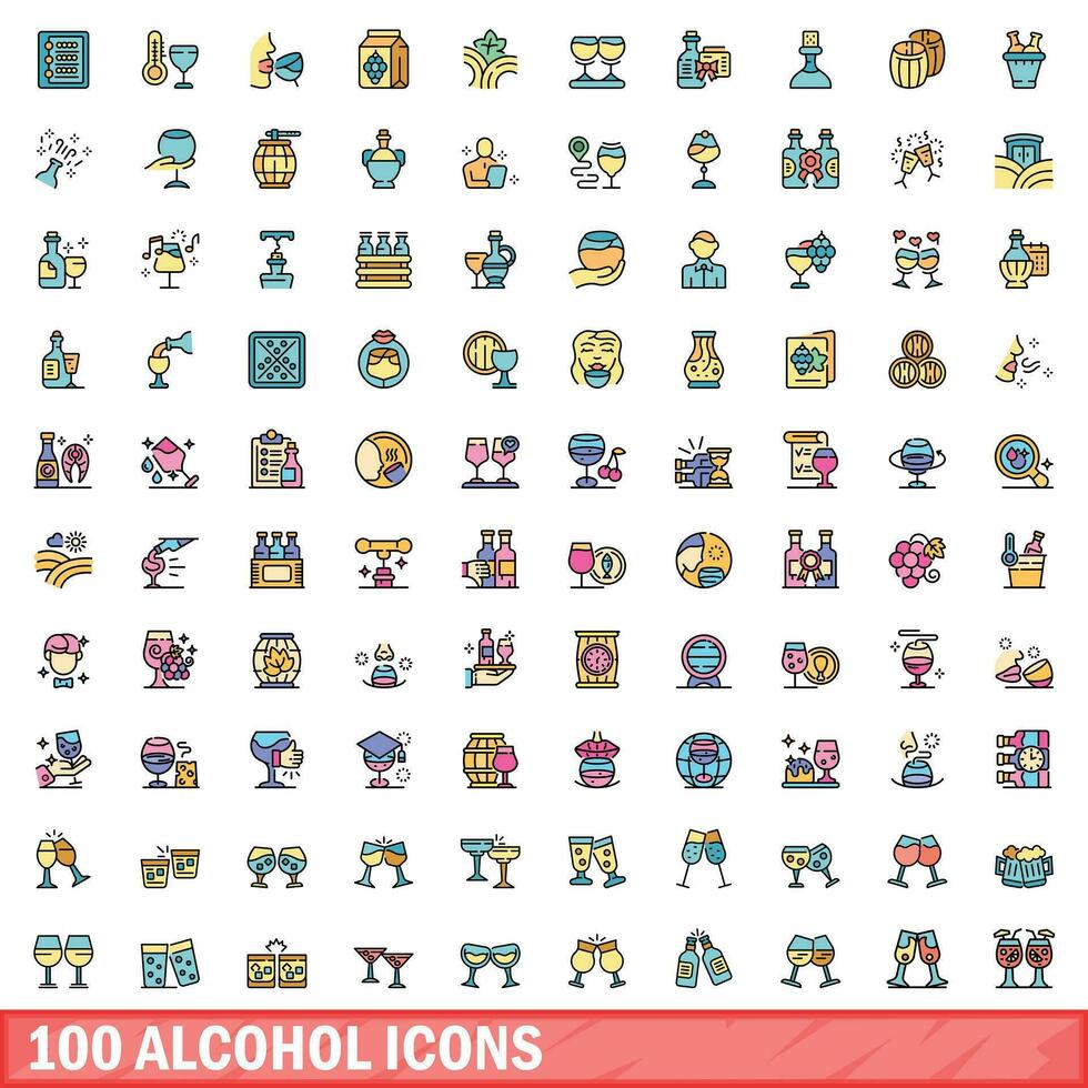 100 álcool ícones definir, cor linha estilo vetor