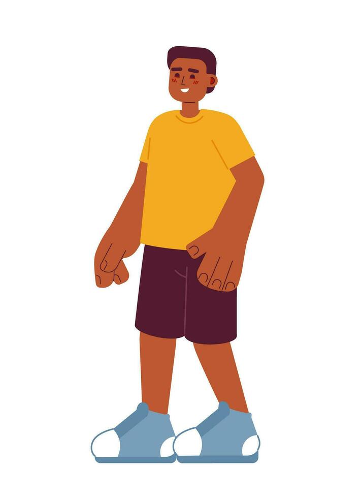 positivo africano americano Garoto semi plano cor vetor personagem. curto cabelo. verão roupa. editável cheio corpo pessoa em branco. simples desenho animado local ilustração para rede gráfico Projeto