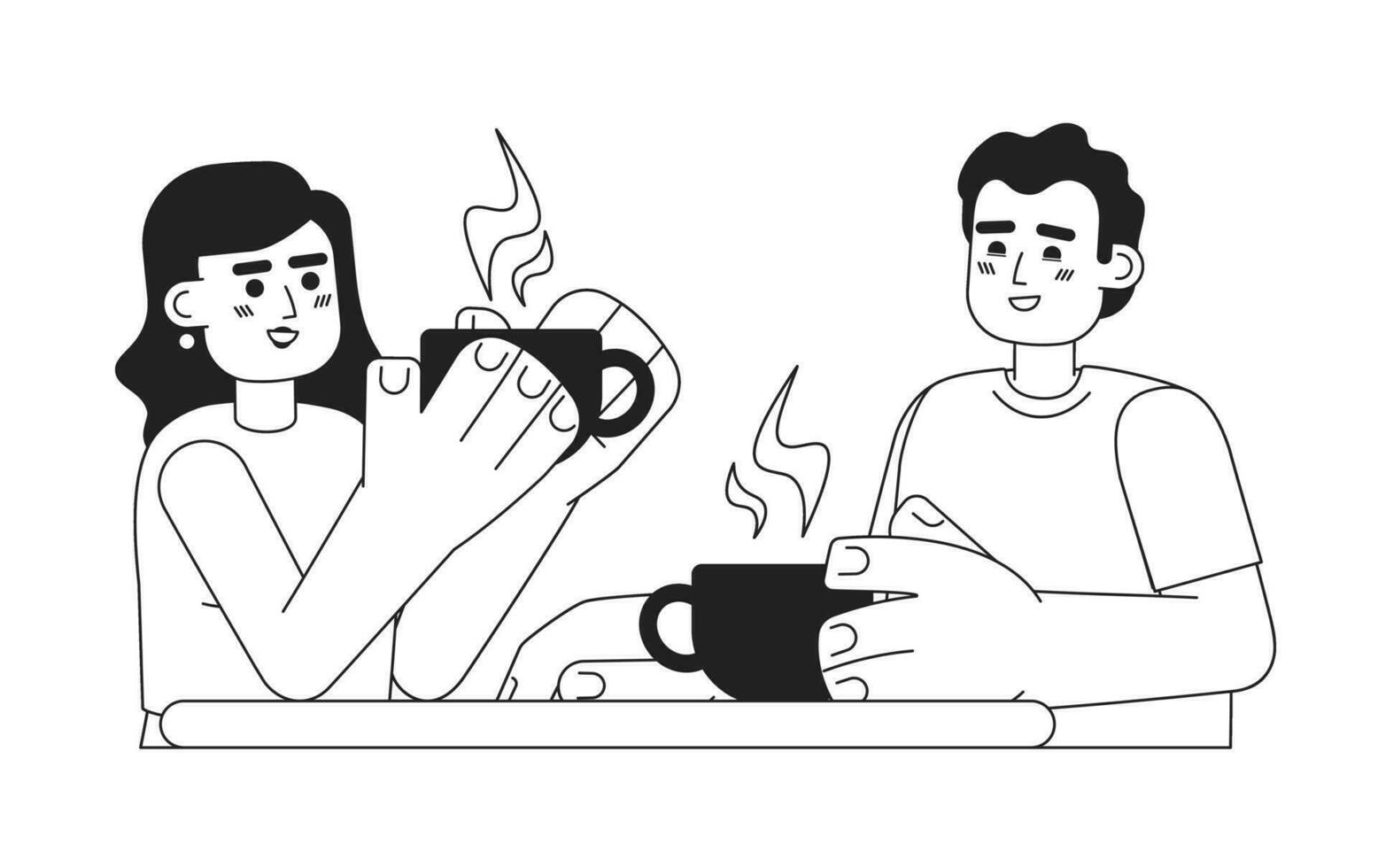 café com amigo monocromático plano vetor personagens. gastos tempo. bebendo quente bebida. editável fino linha metade corpo pessoas em branco. simples bw desenho animado local imagem para rede gráfico Projeto