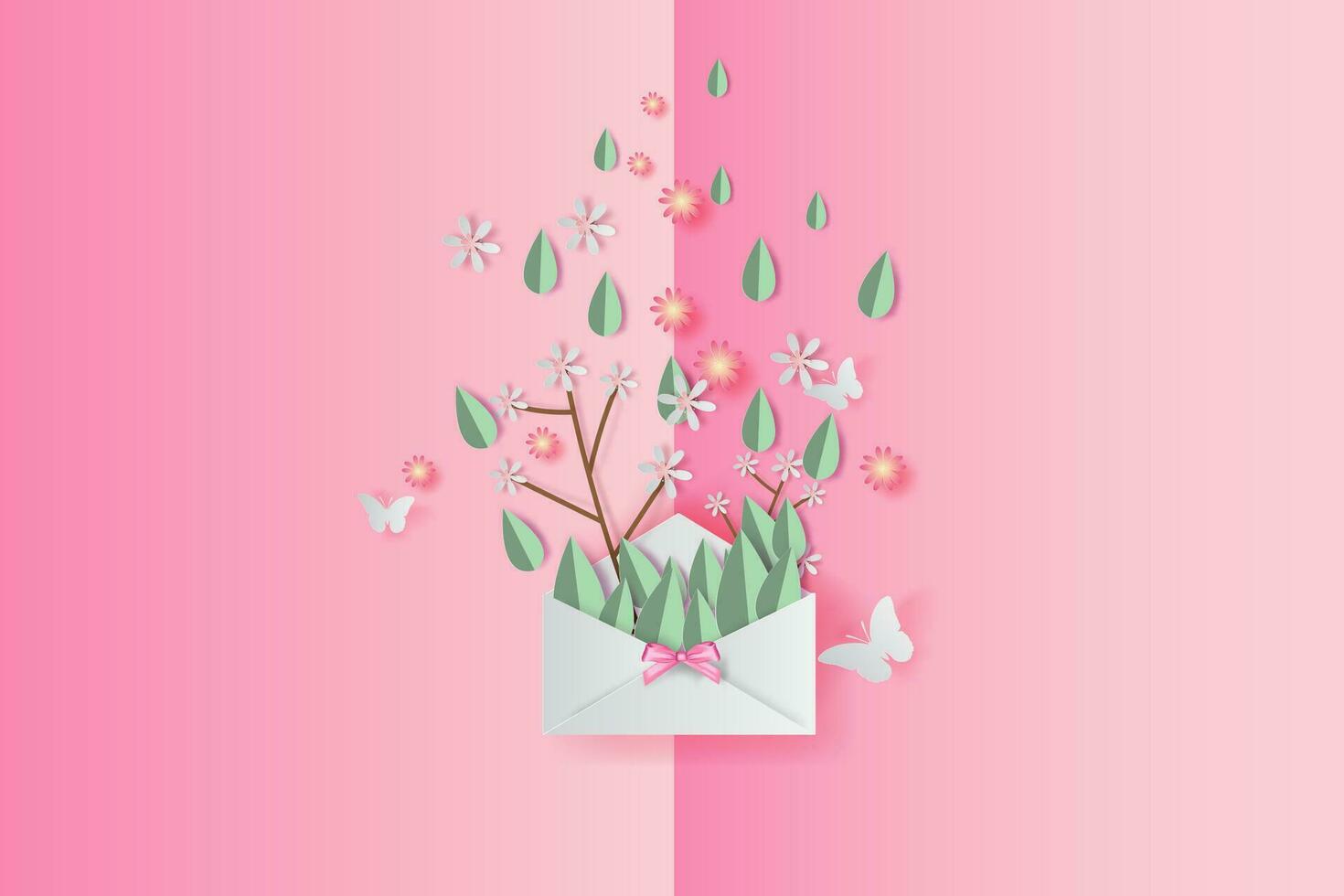 3d papel arte do ilustração Primavera folha e flor decoração em colocada texto fundo, papel cortar e construir primavera estilo pastel cor, desenho de papel cartas ou envelope conceito, doce, vetor. vetor