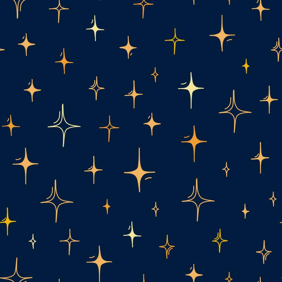 desatado padronizar. aleatória Tamanho amarelo cor faíscas em Sombrio azul fundo. moderno à moda textura. estrelas brilhando, espumante, brilhante, cintilante. noite céu desenho animado fundo. vetor