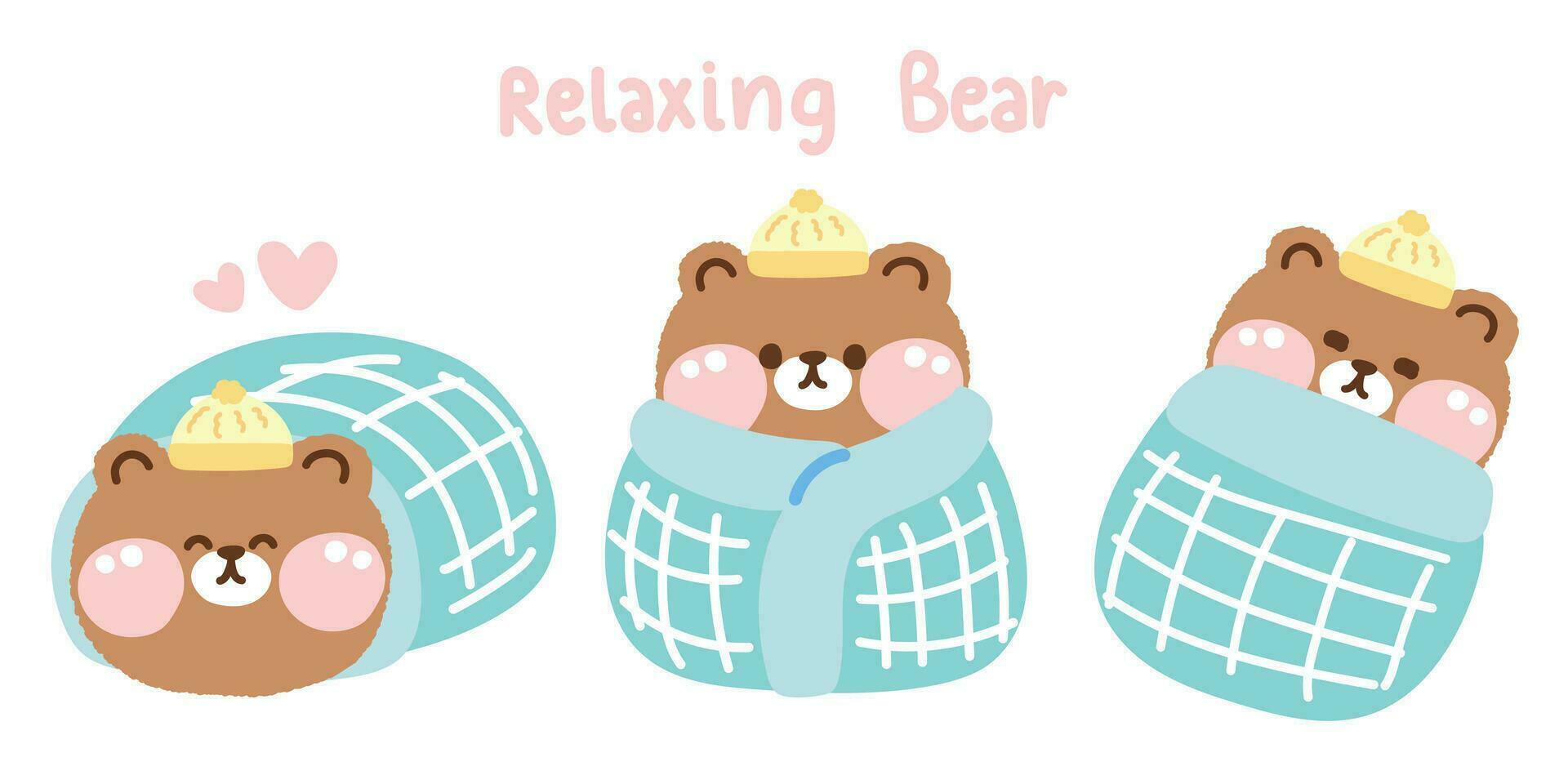 conjunto do fofa Urso de pelúcia Urso boneca relaxar dentro vários poses cobrir com uma cobertor.selvagem vetor