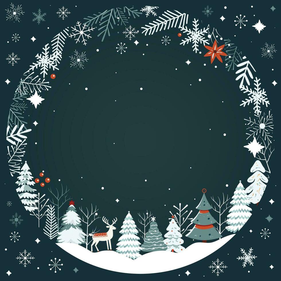Natal cartão, quadro, Armação com flocos de neve, árvores inverno conceito dentro Scandi estilo. Novo ano, alegre chrisrmas poster vetor