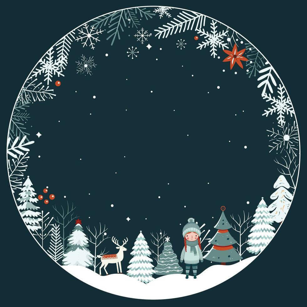Natal cartão, quadro, Armação com flocos de neve, garota, árvores inverno conceito dentro Scandi estilo. Novo ano, alegre chrisrmas vetor