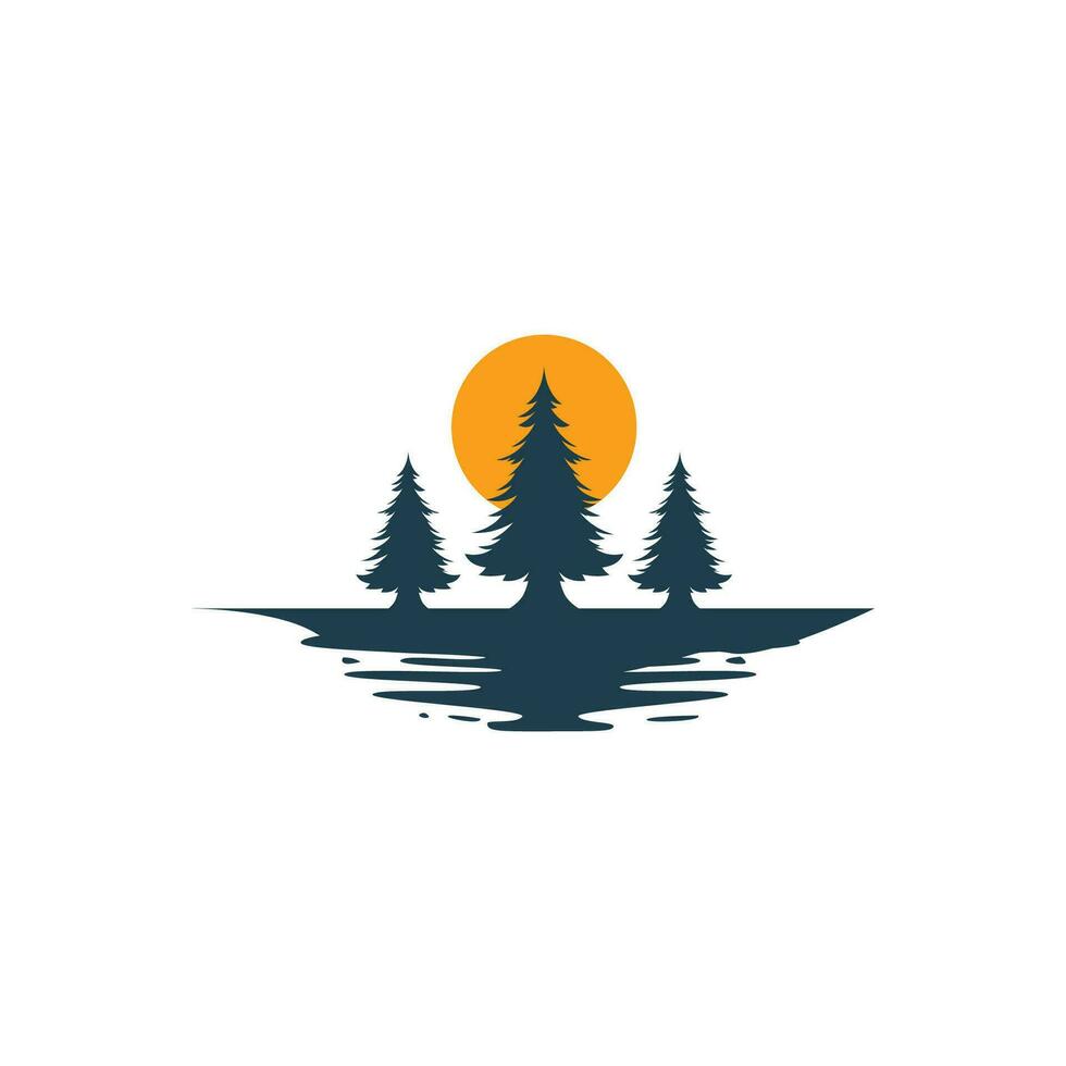pinho árvore logotipo com pôr do sol vetor emblema ilustração Projeto